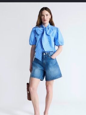 NWT Light Blue Striped Bow Tie Puff Sleeve Blouse Cotton M Modern Deadstock